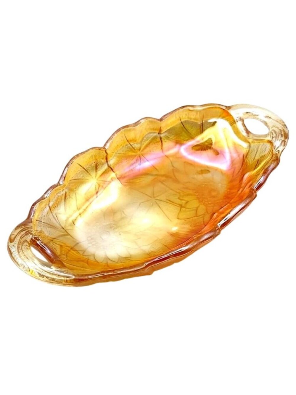 Indiana Carnival Glass Marigold Amber Sunflower Floral Oval Serving Dish Vintage